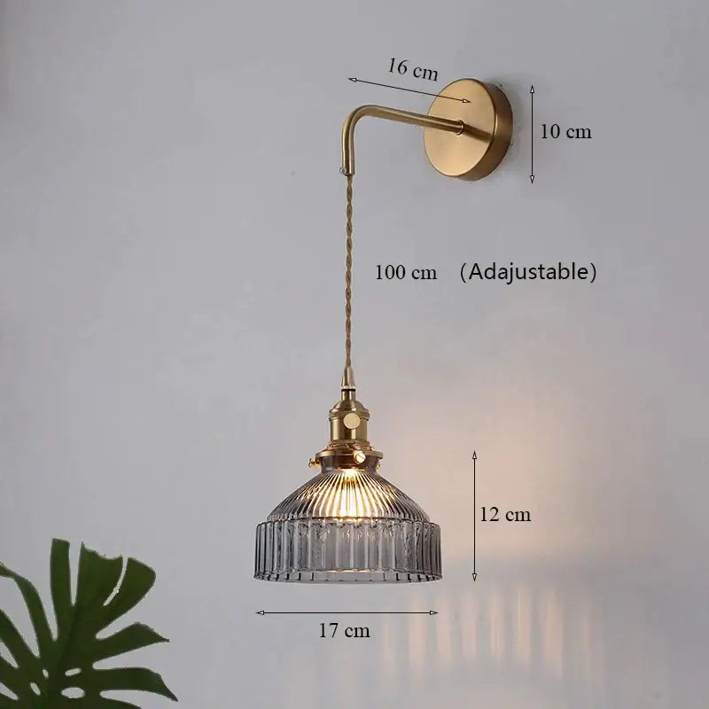 Vintage brass wall lamp with ribbed glass shade featuring textured glass shade led for living room lighting