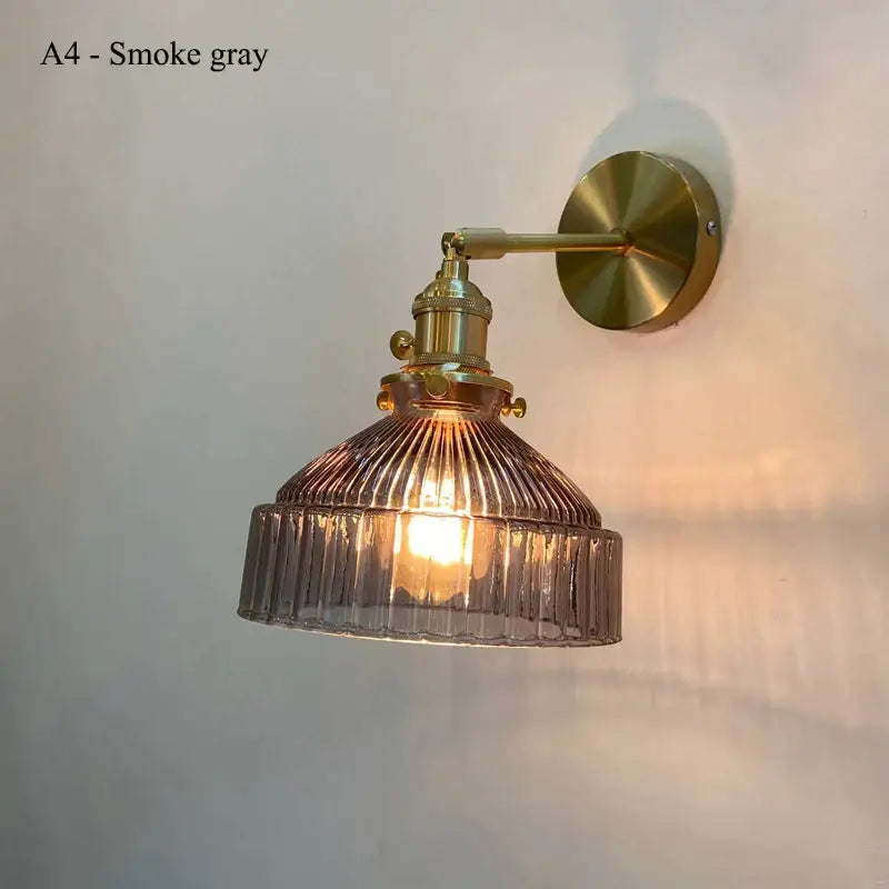 Vintage brass wall lamp with ribbed smoke gray glass shade led diffuser for warm living room lighting