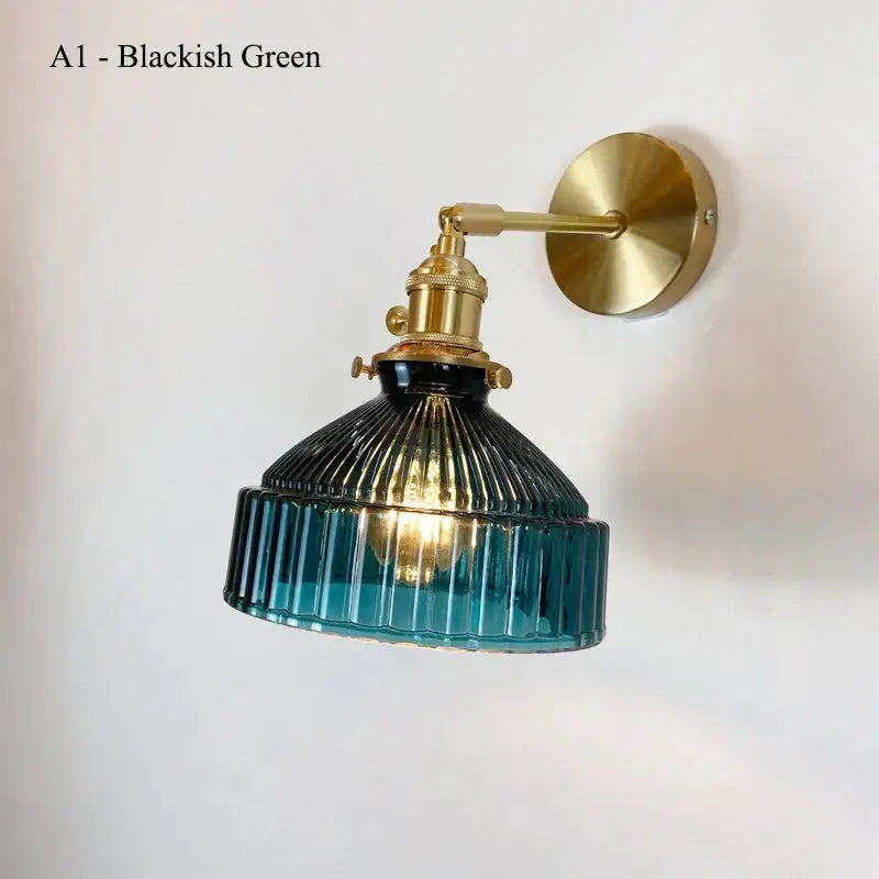 Vintage brass wall lamp with ribbed blackish green glass shade for living room featuring glass shade led design