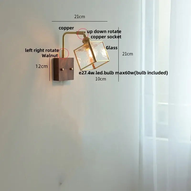 Vintage brass wall light with copper and walnut finish featuring a clear glass cube shade ideal for bedroom decorbites clear glass