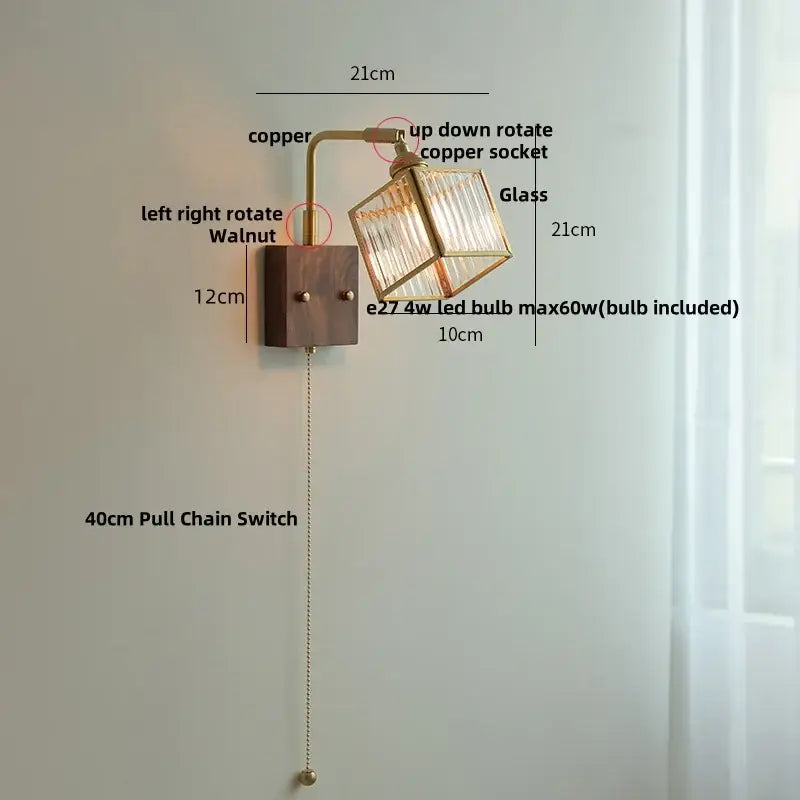 Vintage brass wall light with walnut base copper arm and faceted clear glass shade for decorbites clear glass decor