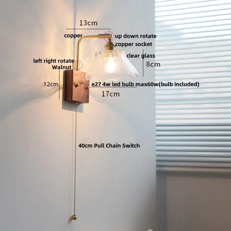 Vintage brass wall light with copper and walnut finish and decorbites clear glass shade for bedroom sconce decor