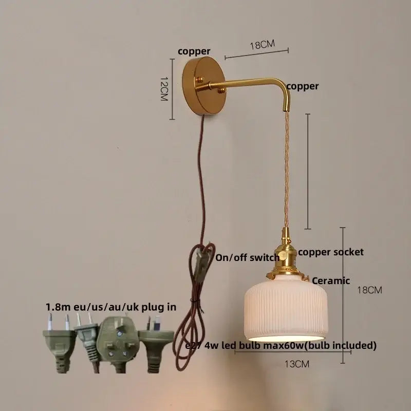 Gold-toned copper wall light with ribbed ceramic knob lampshade and knob switch for vintage bedroom decorbites ceramic knob