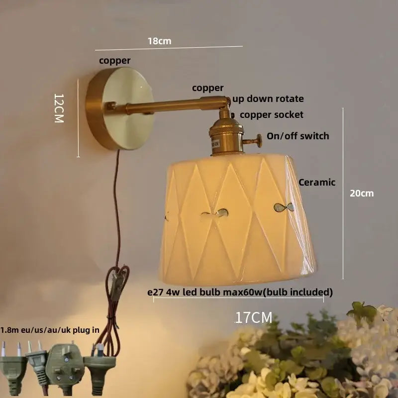 Vintage brass wall light with copper finish, geometric ceramic shade, and decorbites ceramic knob switch for bedroom decor