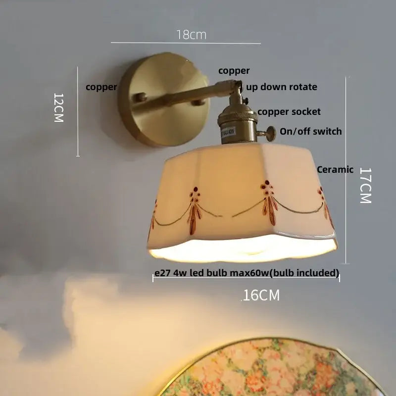 Vintage brass wall light with copper finish ceramic shade with brown floral embroidery and decorbites ceramic knob switch