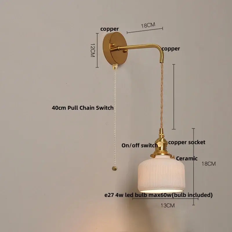 Vintage brass wall light with copper ribbed ceramic shade and pull chain knob switch for bedroom decorbites ceramic knob