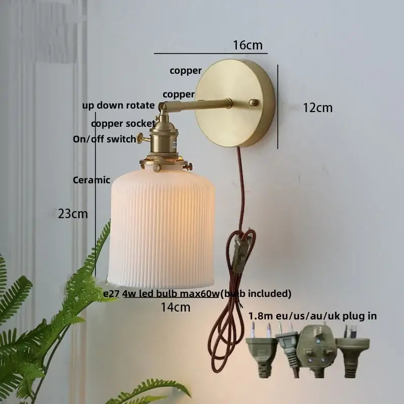 Vintage brass wall light with ribbed ceramic shade and knob switch featuring decorbites ceramic knob for bedroom decor