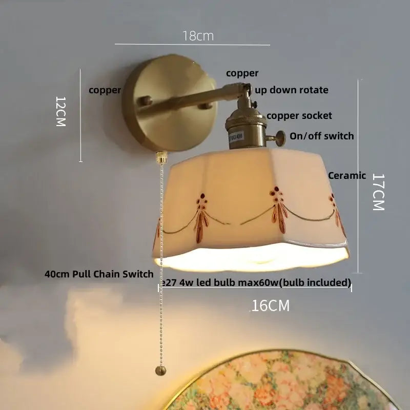 Vintage brass wall light with copper finish ceramic shade featuring brown floral embroidery and decorbites ceramic knob switch
