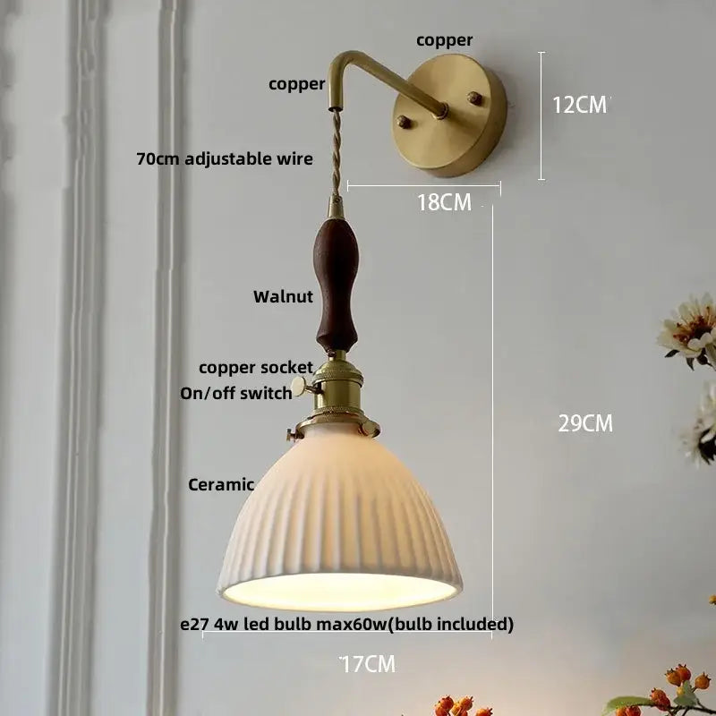 Vintage brass wall light with ribbed ceramic shade, copper bracket, knob switch, and dark walnut handle for bedroom decorbites ceramic knob