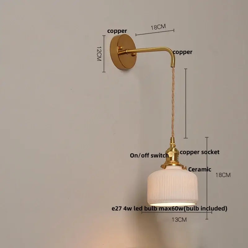 Vintage brass wall light featuring a ribbed ceramic knob lampshade and knob switch ideal for bedroom decorbites ceramic knob