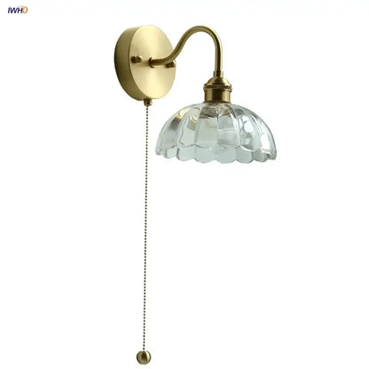 Vintage brass wall sconce with clear glass scalloped shade and ornate pull chain ideal for stairway decorbites clear glass
