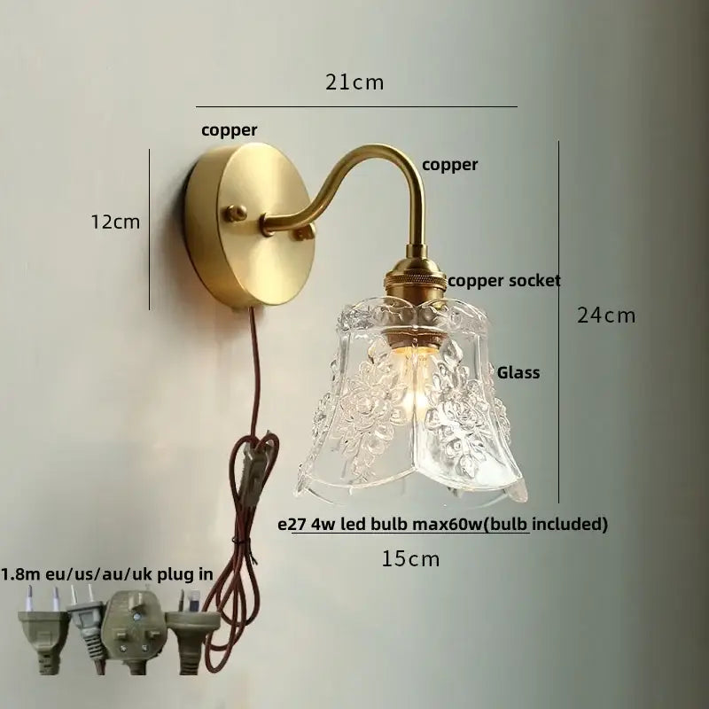 Vintage brass wall sconce with scalloped clear glass and antique brass-finished copper for stairway decorbites clear glass