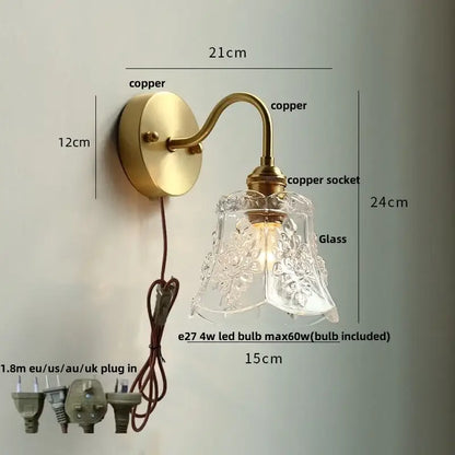 Vintage brass wall sconce with scalloped clear glass and antique brass-finished copper for stairway decorbites clear glass