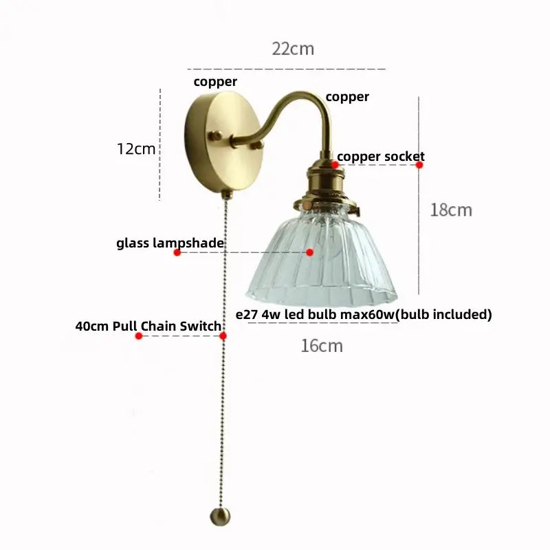 Vintage brass wall sconce with scalloped clear glass fluted lampshade and pull chain switch for stairways decorbites clear glass
