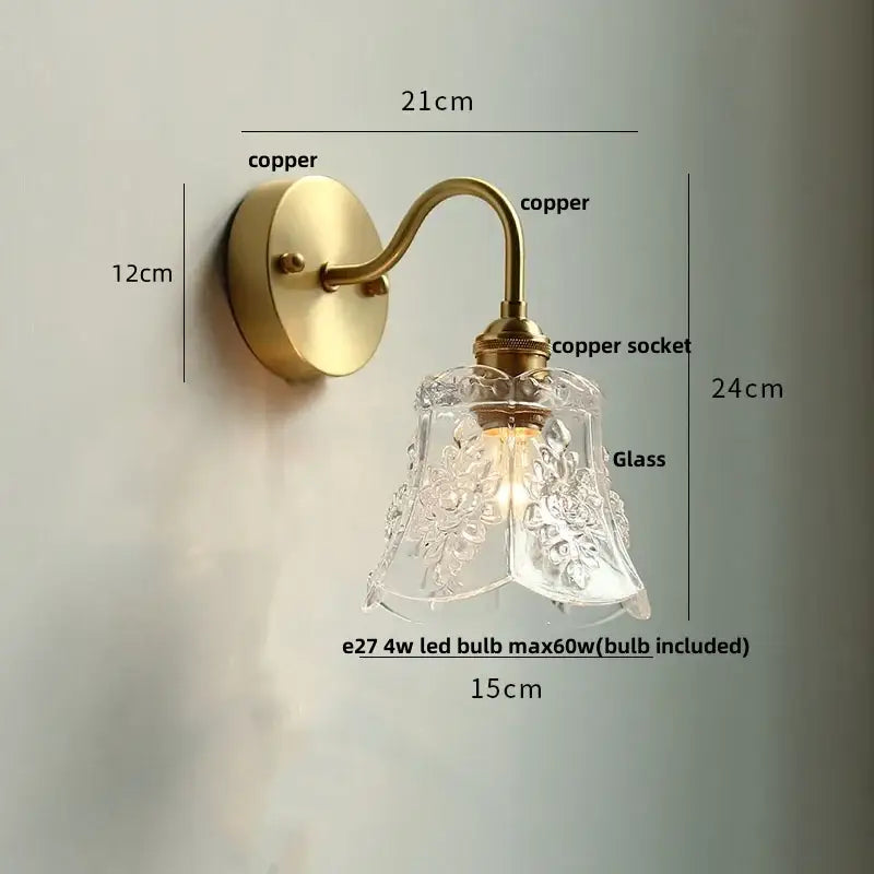 Vintage brass wall sconce with scalloped clear glass and etched decorbites clear glass finish for stairways decor