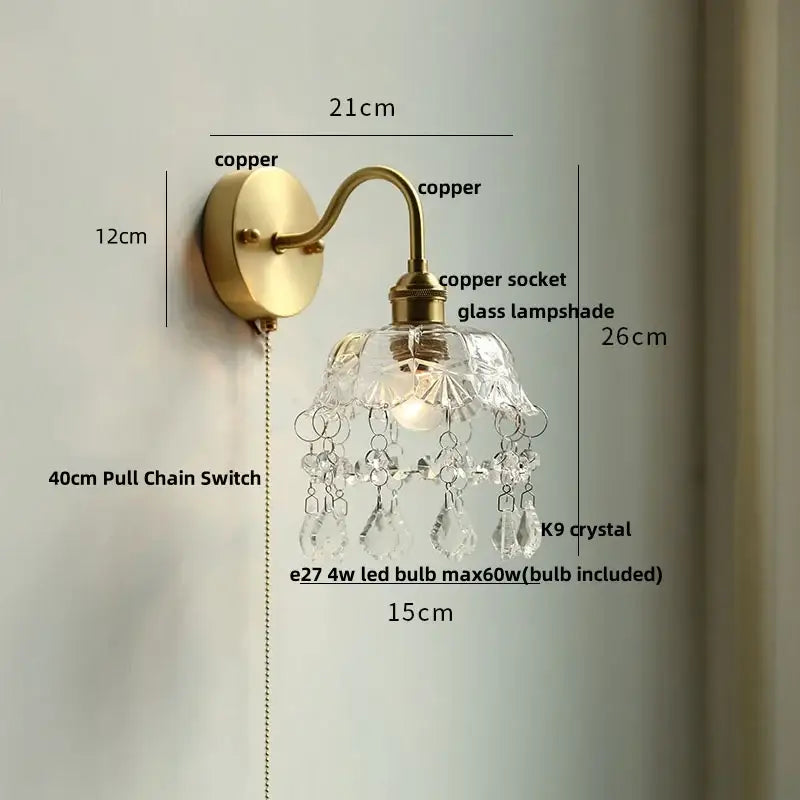 Vintage brass wall sconce with scalloped clear glass and decorbites clear glass crystal droplets for stairway lighting
