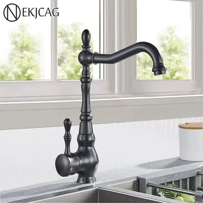 Vintage bronze and black kitchen sink faucet with black matte finish ornate detailing and 360 rotate spout decorbites bronze black kitchen