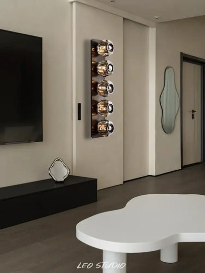 Vertical wall lamp with five vintage bronze and chrome metallic glass globes for decorbites crystal wall decor