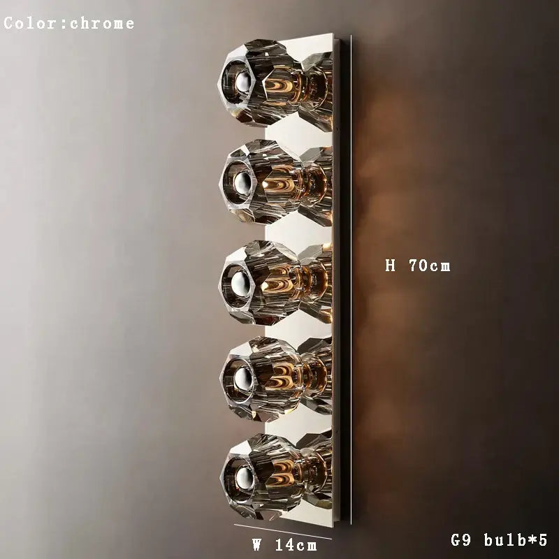 Chrome finished wall lamp with five faceted crystal bulb holders in vintage bronze and chrome decorbites crystal wall design