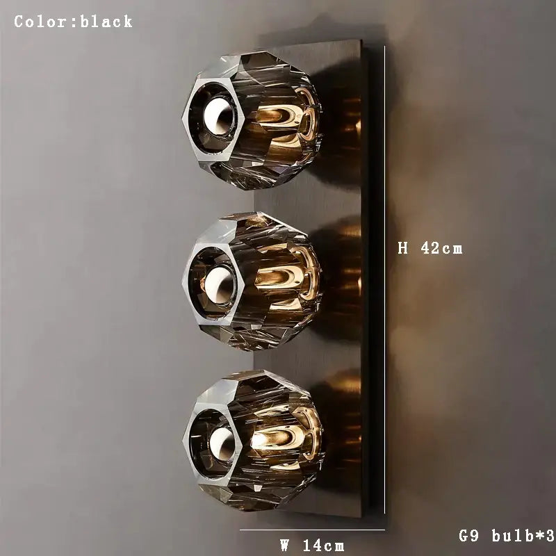 Vintage bronze and chrome wall lamp with three faceted crystal shades for elegant decorbites crystal wall lighting