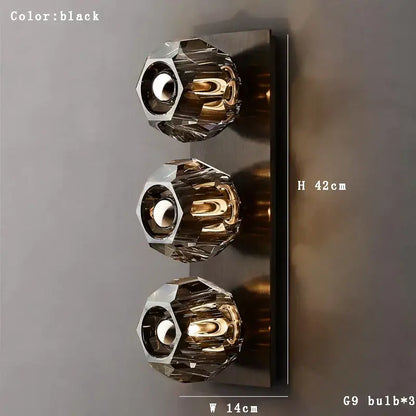 Vintage bronze and chrome wall lamp with three faceted crystal shades for elegant decorbites crystal wall lighting