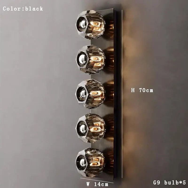 Black vintage bronze and chrome wall lamp with five faceted crystal globe bulbs decorbites crystal wall lamp