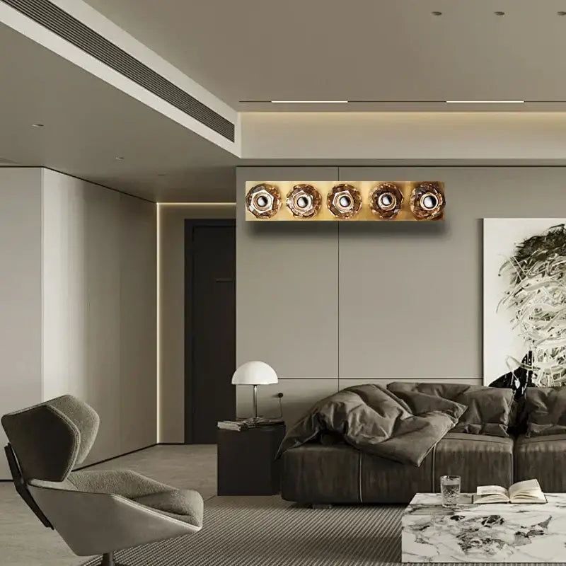 Gold-toned vintage bronze and chrome crystal wall lamp with five ornate circular fixtures for living room decorbites crystal wall lamp