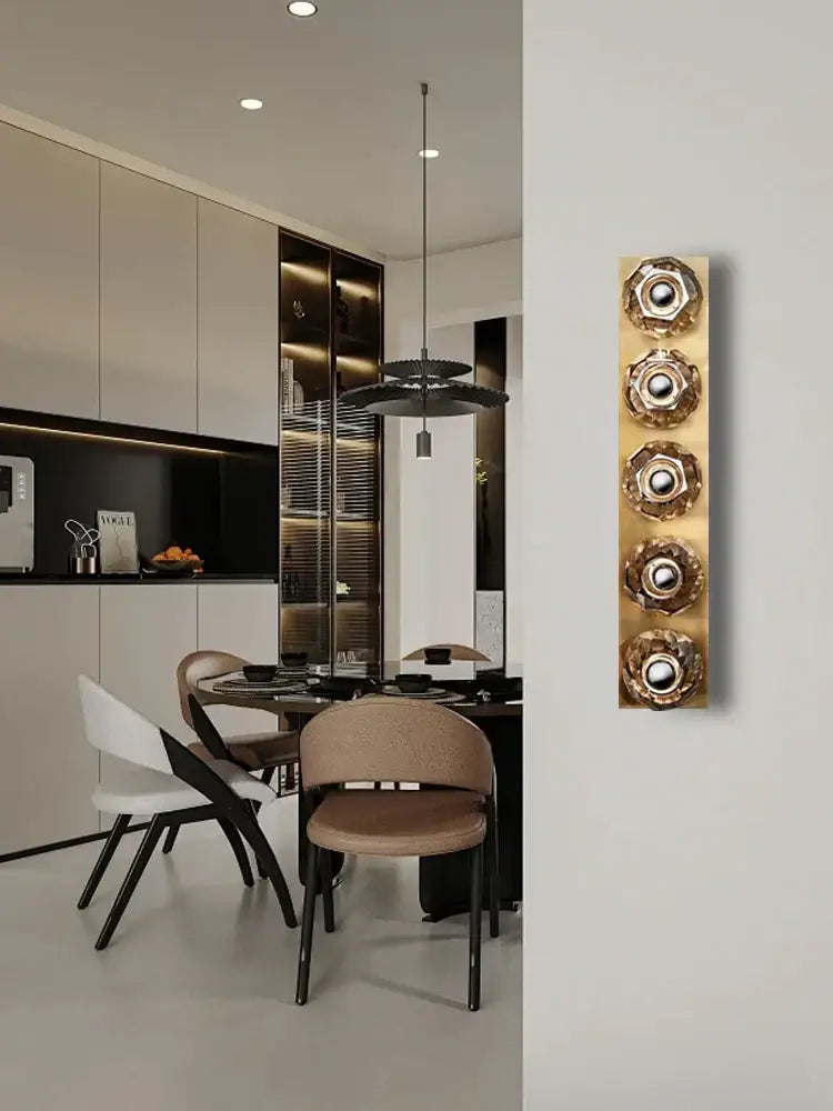 Gold-toned vintage bronze and chrome decorbites crystal wall lamp with four circular textured lights for living room decor