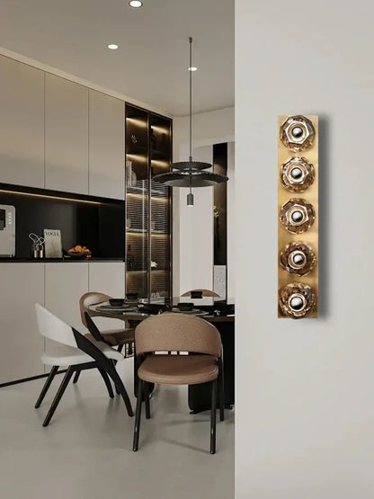 Gold-toned vintage bronze and chrome decorbites crystal wall lamp with four circular textured lights for living room decor