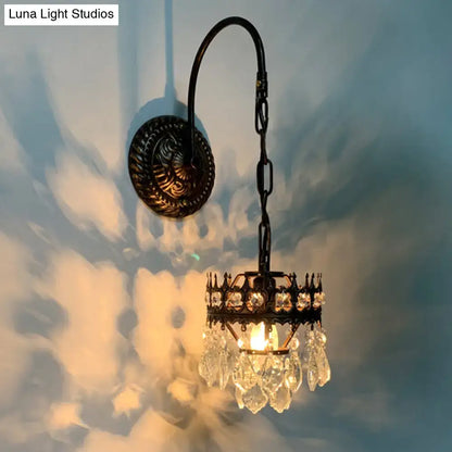 Antique brass bronze wall light vintage crystal wall light with curved arm chain suspension and dangling crystal droplets