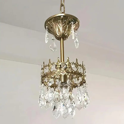 Vintage brass bronze wall light with ornate crown frame and crystal droplets inches fixture for living room