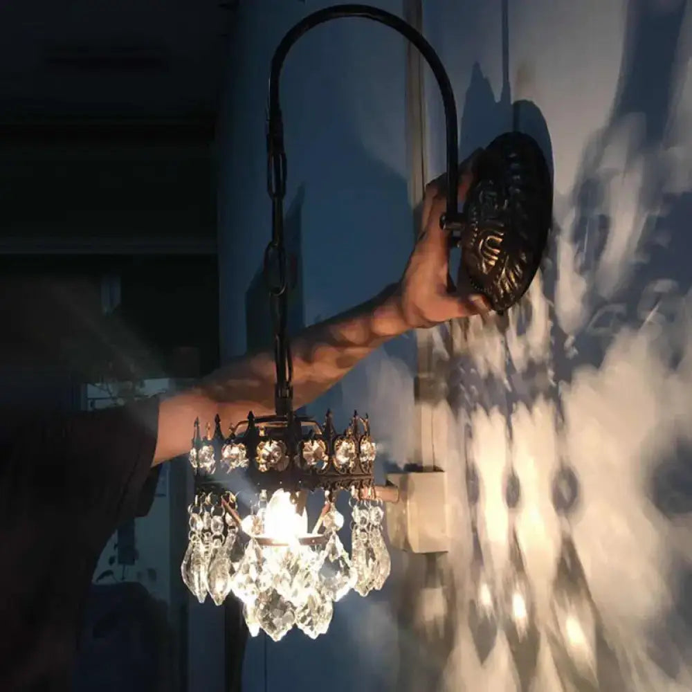 Vintage bronze crystal wall light with brass bronze frame and dangling glass droplets for living room inches fixture