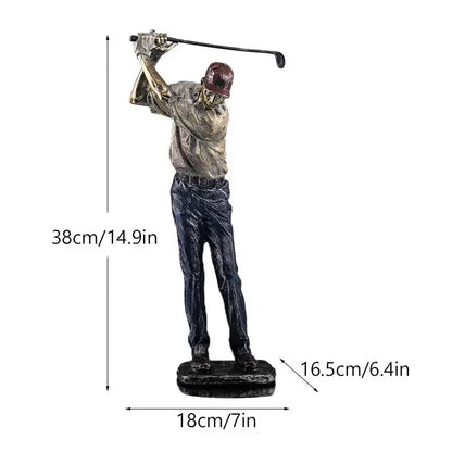 Vintage bronze decorbites golf figure office statue showing a bronze golf figure mid-swing with detailed attire and maroon cap