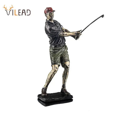 Bronze-colored decorbites golf figure wearing red cap and dark shirt standing on black base as vintage office statue