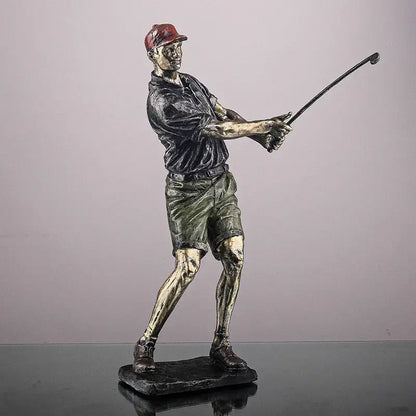Vintage bronze decorbites golf figure of a bronze-colored player wearing a red cap and holding a club office statue