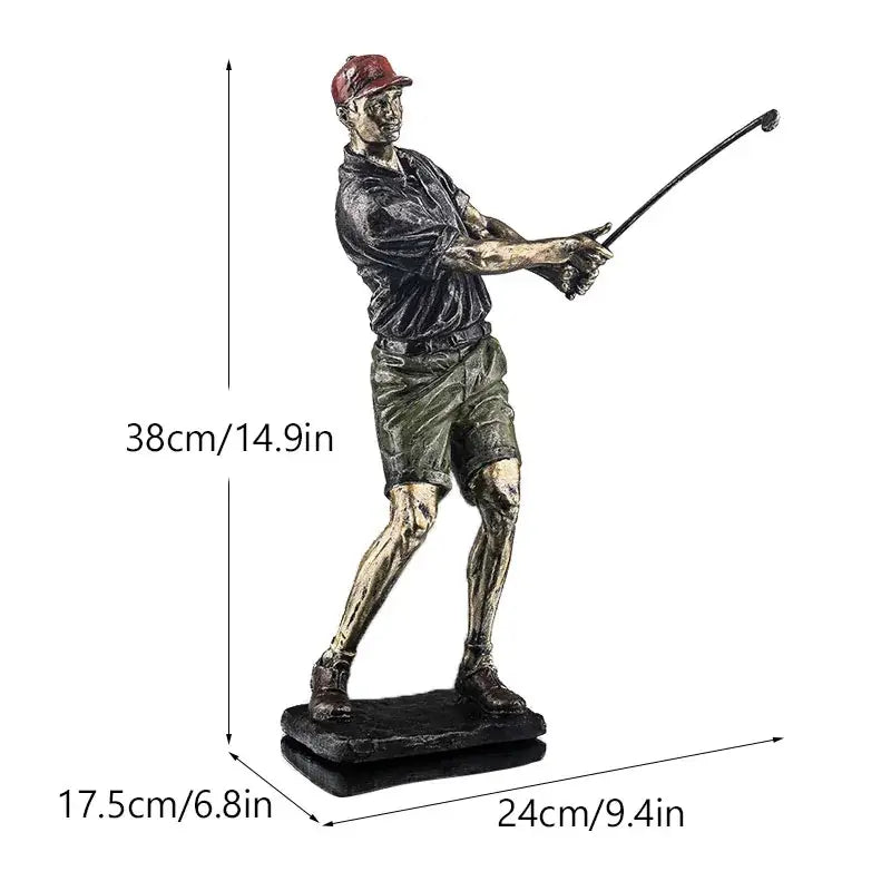 Bronze decorbites golf figure statue wearing red cap and dark shirt mid-swing with detailed sculpted features for office decor