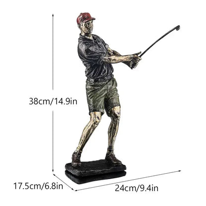 Bronze decorbites golf figure statue wearing red cap and dark shirt mid-swing with detailed sculpted features for office decor