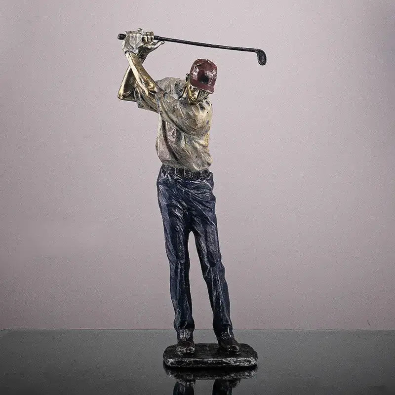 Vintage bronze decorbites golf figure mid-swing statue in bronze and dark blue resin with maroon cap on textured base
