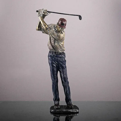Vintage bronze decorbites golf figure mid-swing statue in bronze and dark blue resin with maroon cap on textured base