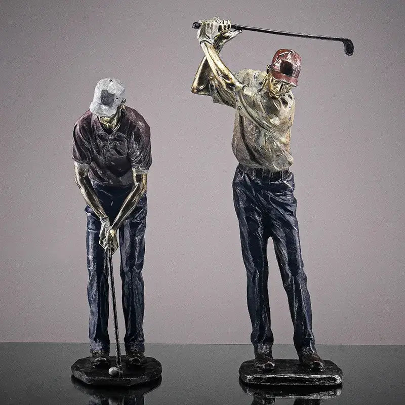 Two metallic decorbites golf figure statues in silver and gold tones for vintage bronze decorbites golf office decor