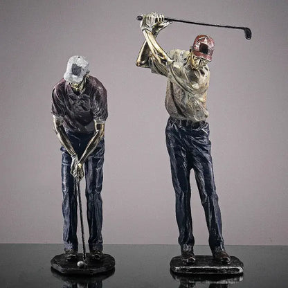 Two metallic decorbites golf figure statues in silver and gold tones for vintage bronze decorbites golf office decor