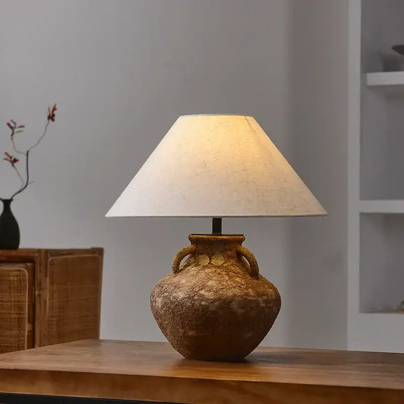 Vintage brown ceramic country table lamp with textured rustic finish and loop handles from decorbites country table collection