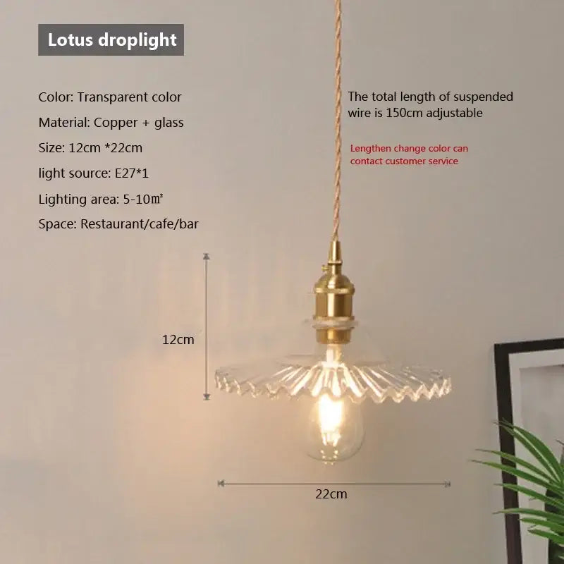 Vintage brown and polished chrome glass pendant light with transparent lotus droplight and copper fixture for dining room