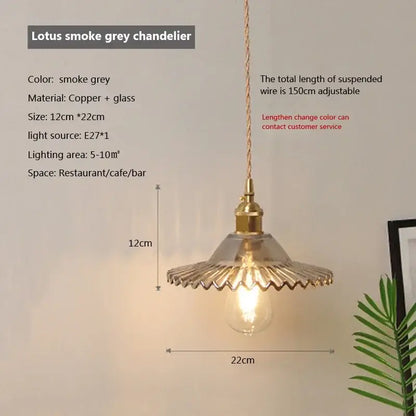 Vintage brown and polished chrome glass pendant light with lotus smoke grey fluted glass shade for dining room use