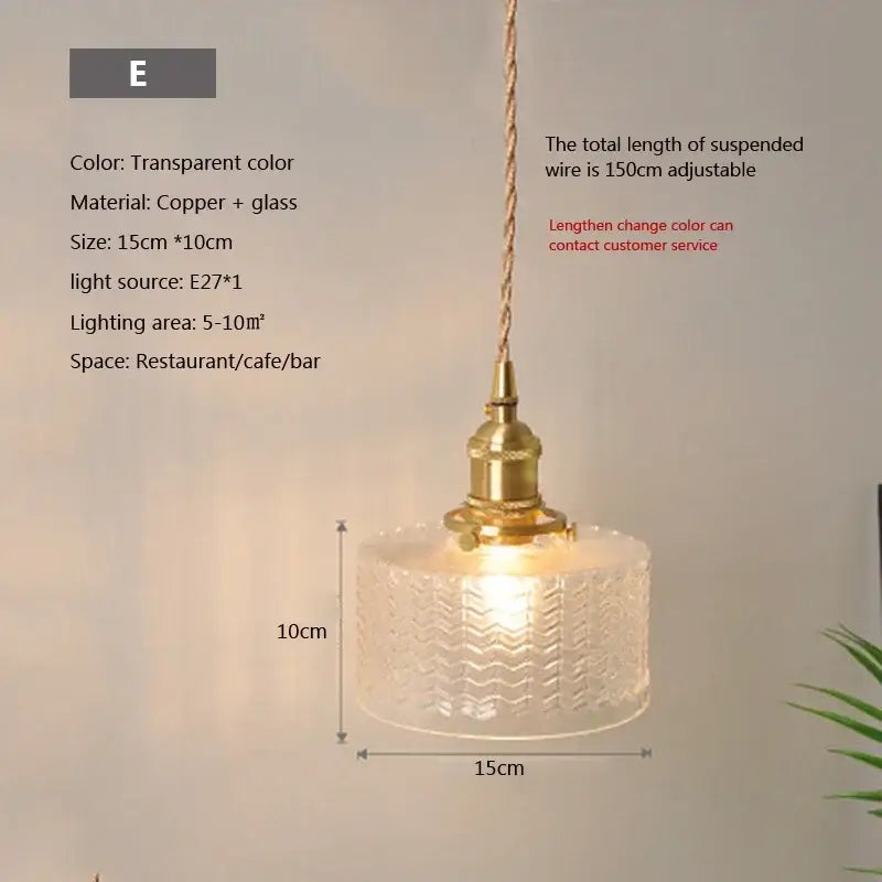 Vintage brown and polished chrome glass pendant light with transparent glass cover and copper base for dining room