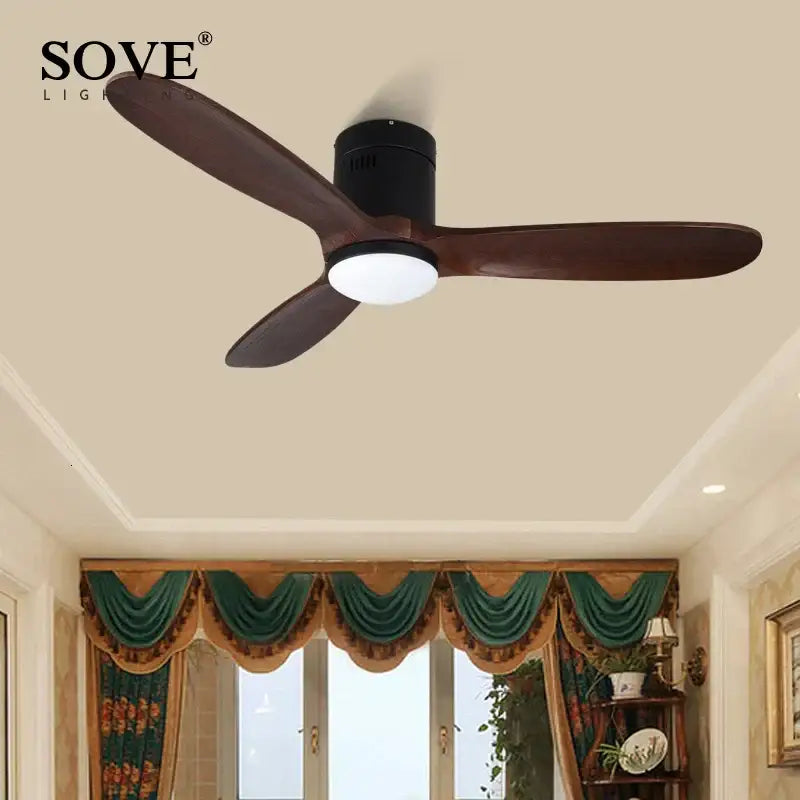 Sove ceiling fan with dark brown wood blades and black housing featuring integrated light and remote control for living room