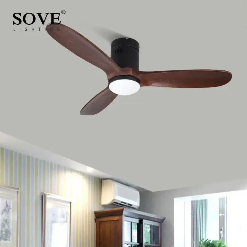 Vintage brown wood ceiling fan with three blades and black integrated light housing with remote control for living room