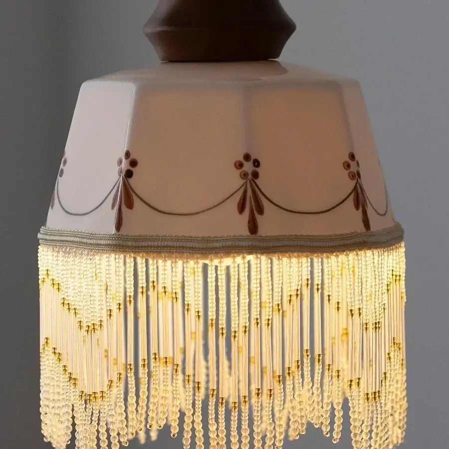 Beige hexagonal lampshade pendant lights with brown floral embroidery and clear beaded fringe by decorbites brown wood ceramic