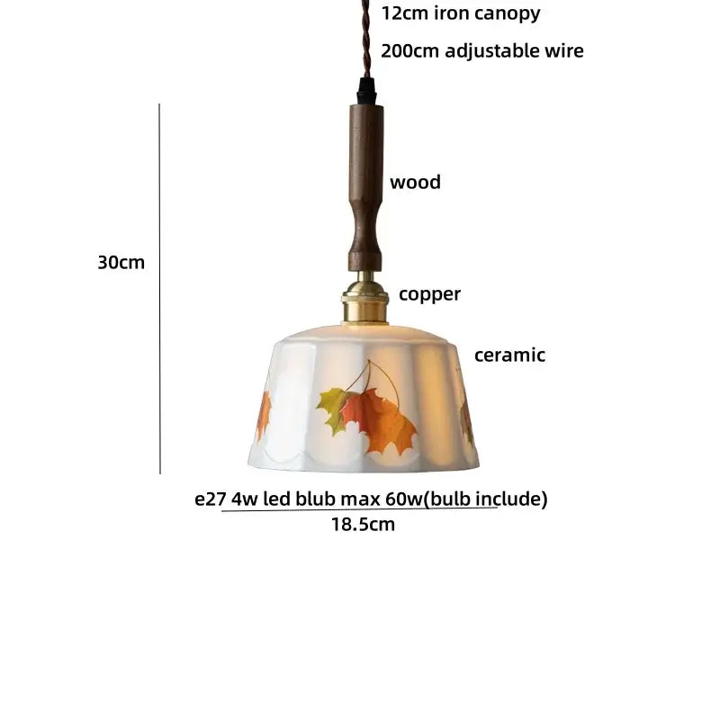 Vintage brown wood ceramic pendant light with fluted bell-shaped shade featuring painted autumn leaves decorbites brown wood