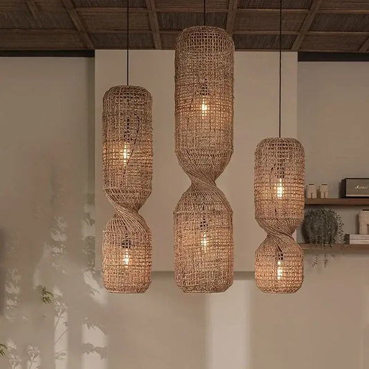 Three vintage brown woven pendant lights with twisted cylindrical shades perfect for cord pendant installation